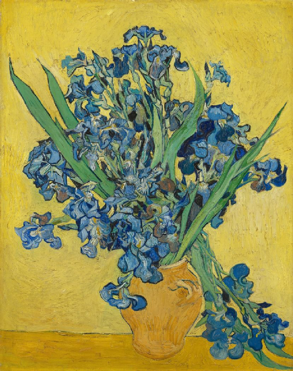 Blue flowers in an orange vase with a yellow background