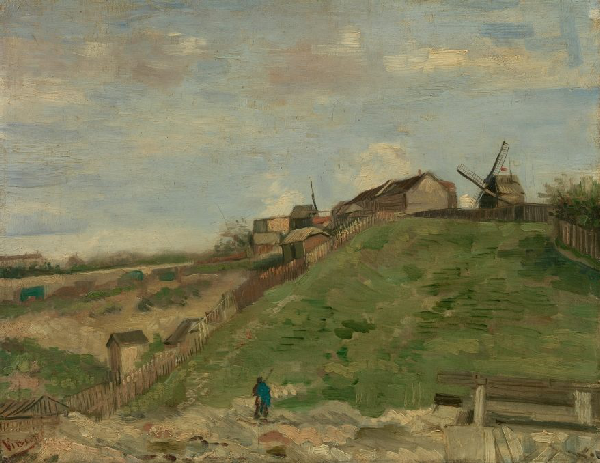 Farm on a hill with a windmill and a person making their way to the farm