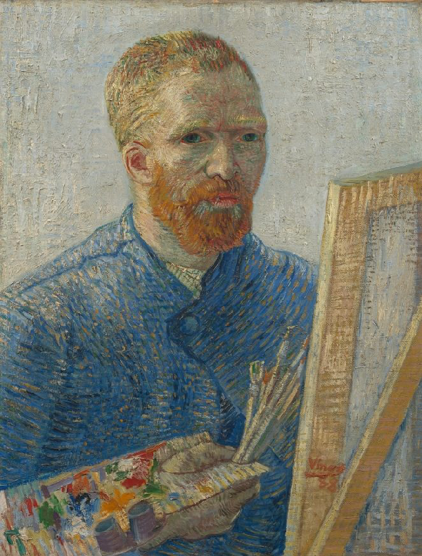 A self portrait of Vincent Van Gogh sitting at an art easel