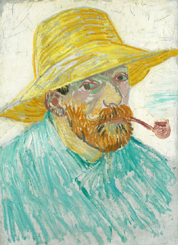 A painting of Vincent Van Gogh in a straw hat and smoking a pipe