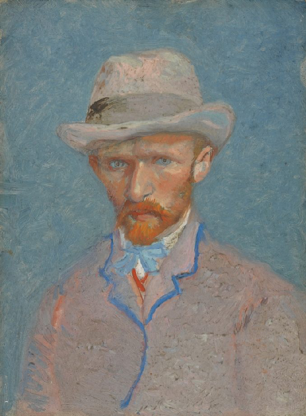 A self portrait of Vincent Van Gogh in fancy attaire and a bowler hat