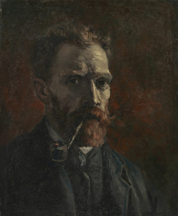 A dark painting depicting Vincent Van Gogh smoking a pipe