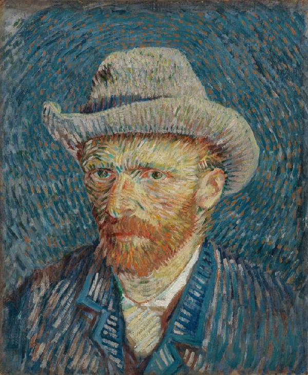 A self portrait of Vincent Van Gogh using line brush strokes of different colours